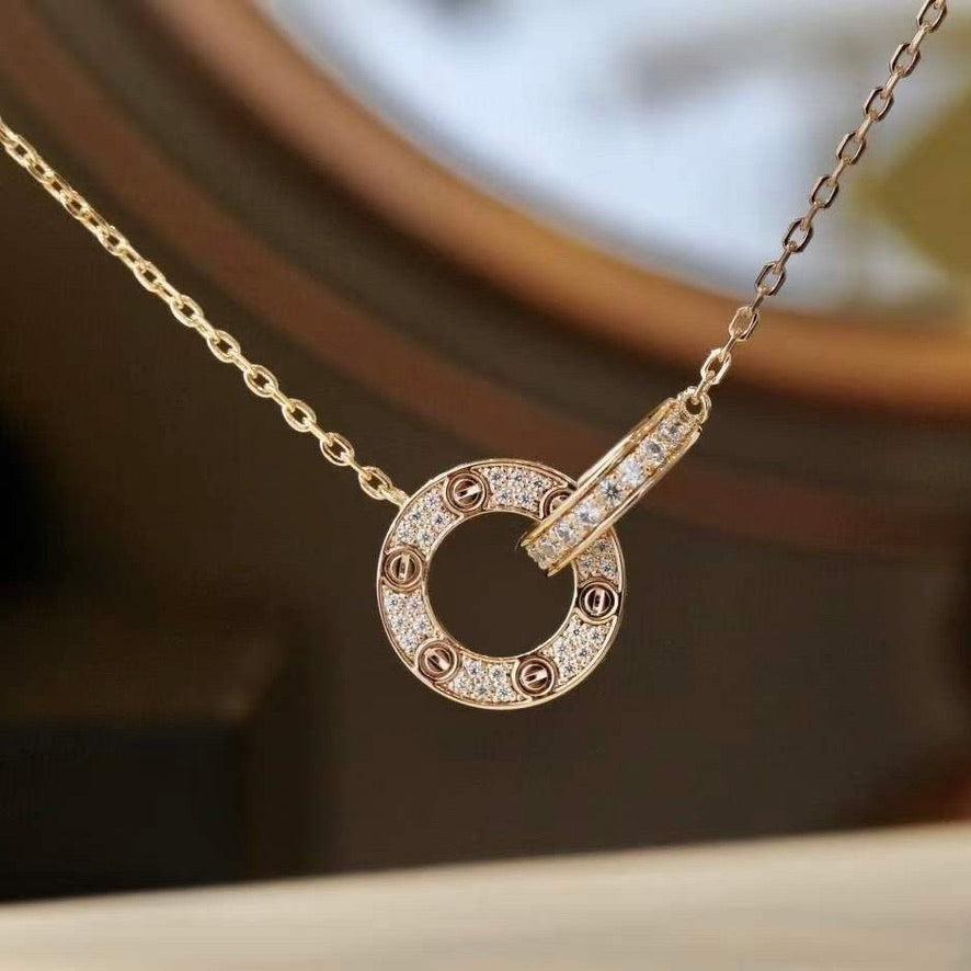 [Pearl Jewelrys]LOVE 7.6MM NECKLACE ROSE GOLD AND SILVER  FULL DIAMOND
