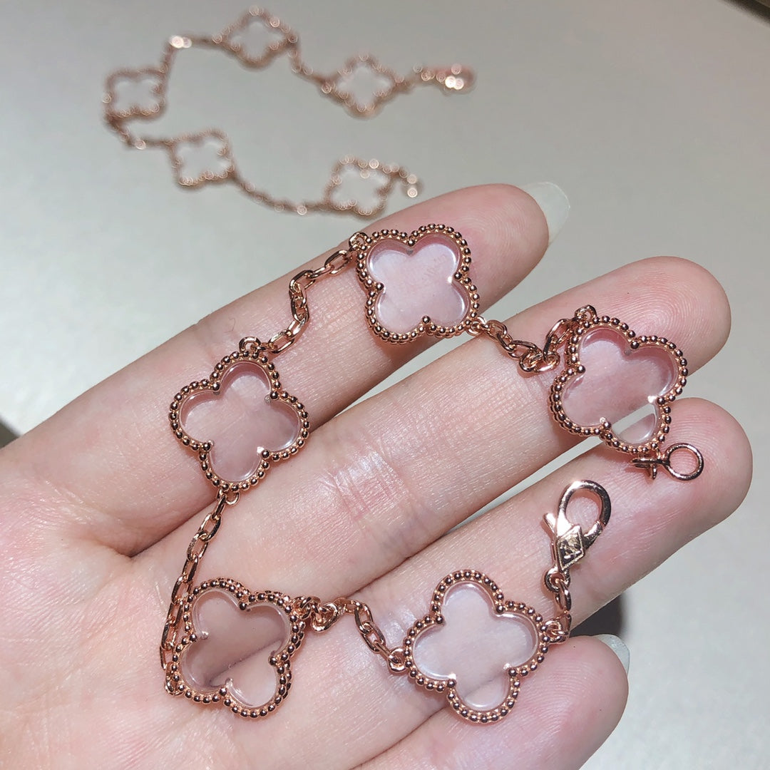 [Pearl Jewelrys]CLOVER 5 MOTIF ROCK CRYSTAL PINK GOLD BRACELET
