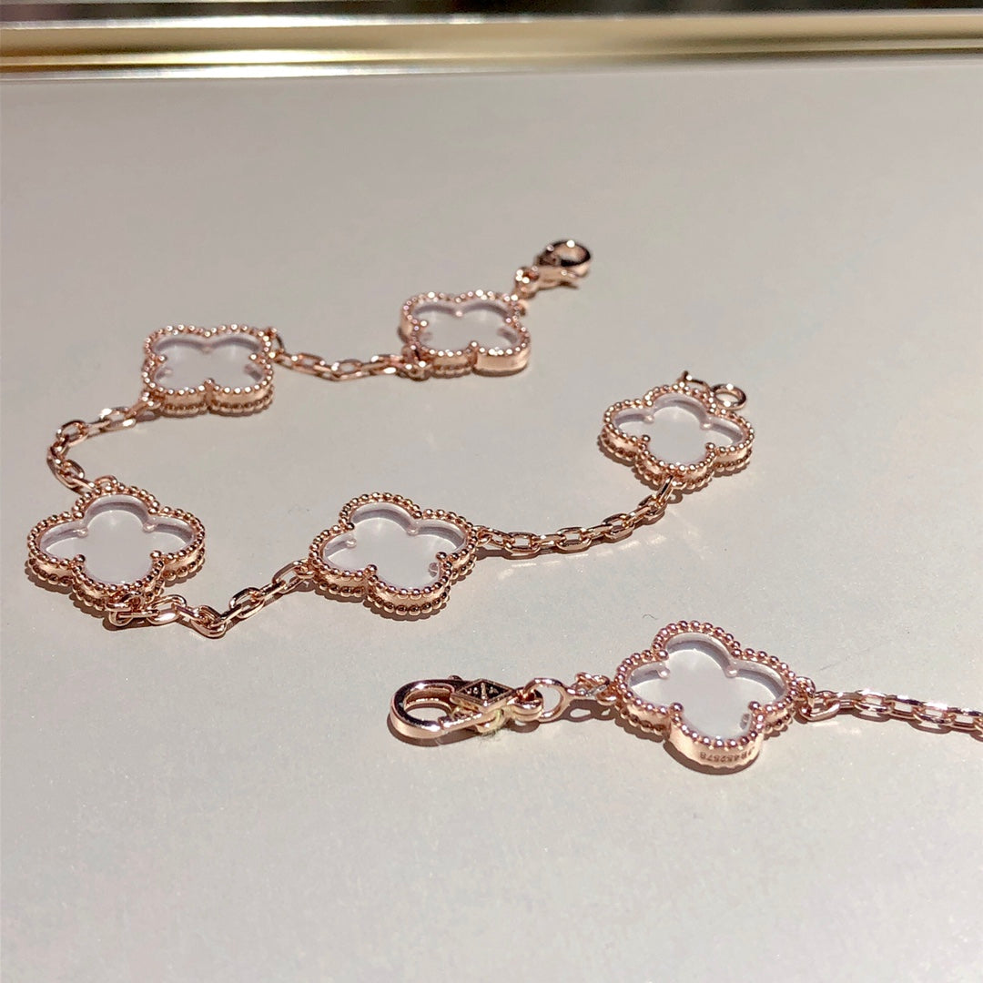 [Pearl Jewelrys]CLOVER 5 MOTIF ROCK CRYSTAL PINK GOLD BRACELET