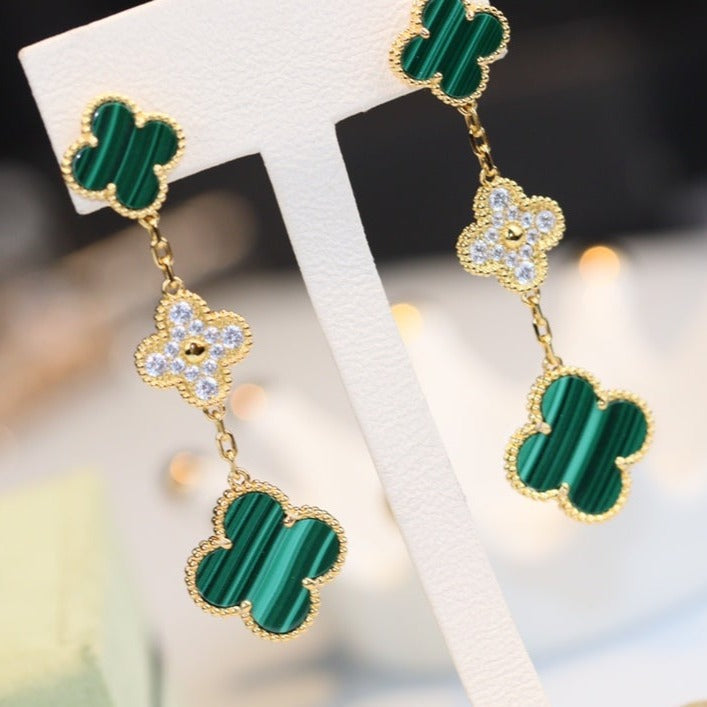[Pearl Jewelrys]CLOVER EARRINGS GOLD MALACHITE DIAMOND 3 MOTIF