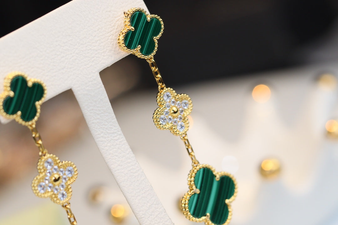 [Pearl Jewelrys]CLOVER EARRINGS GOLD MALACHITE DIAMOND 3 MOTIF