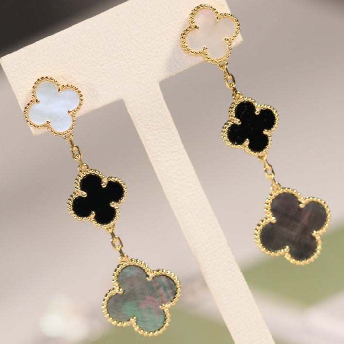 [Pearl Jewelrys]CLOVER EARRINGS GOLD ONYX MOP 3 MOTIF