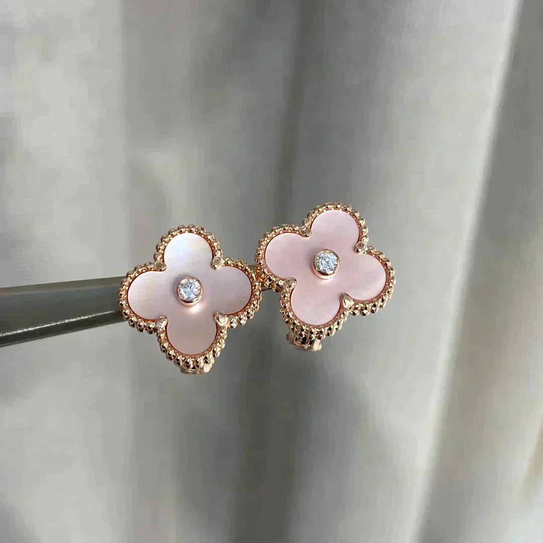 [Pearl Jewelrys]CLOVER MEDIUM 1 MOTIFS  PINK MOP DIAMOND EARRINGS