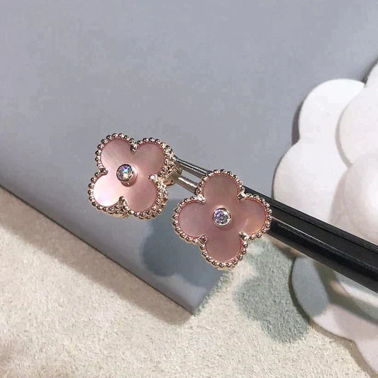 [Pearl Jewelrys]CLOVER MEDIUM 1 MOTIFS  PINK MOP DIAMOND EARRINGS