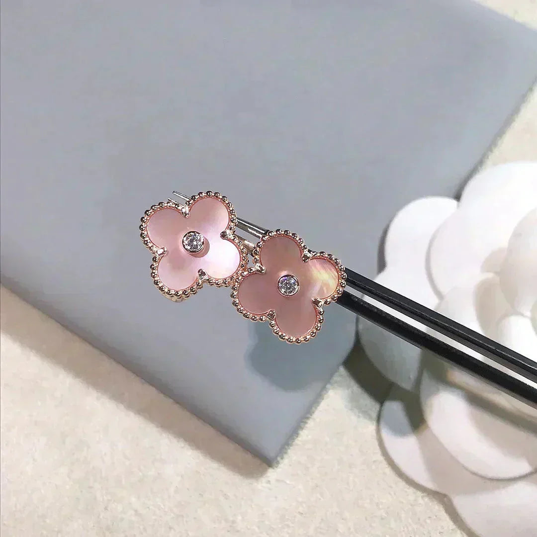 [Pearl Jewelrys]CLOVER MEDIUM 1 MOTIFS  PINK MOP DIAMOND EARRINGS