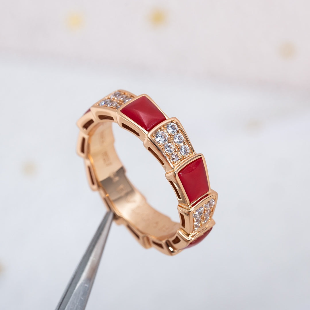 [Pearl Jewelrys]SERPENTI RING PINK GOLD CARNELIAN DIAMOND PAVED 4MM