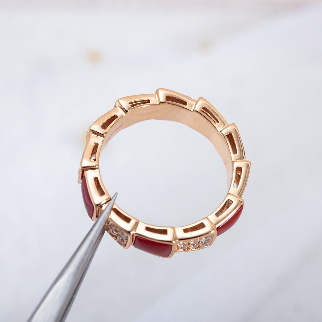[Pearl Jewelrys]SERPENTI RING PINK GOLD CARNELIAN DIAMOND PAVED 4MM
