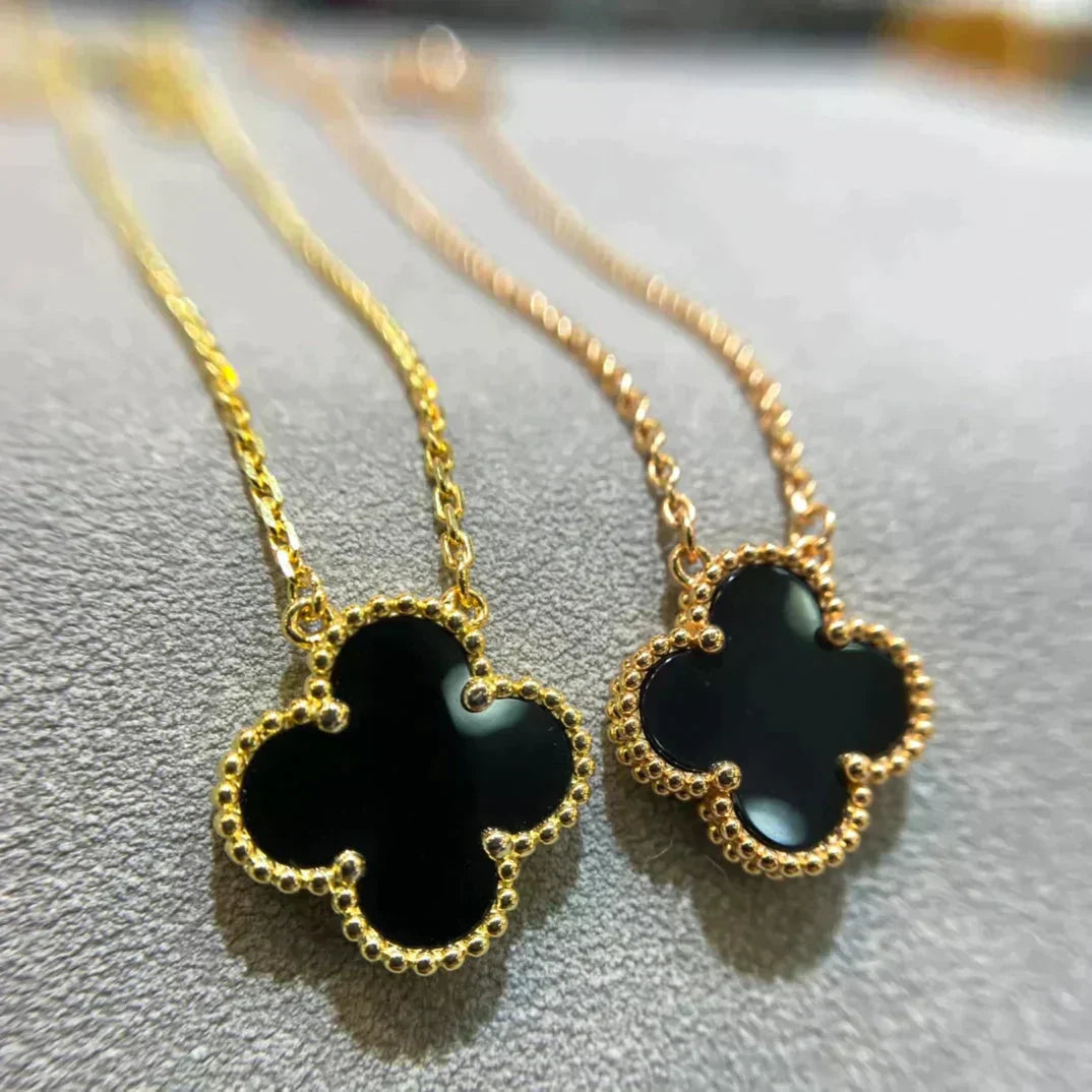 [Pearl Jewelrys]CLOVER 15MM BLACK ONYX SINGLE FLOWER NECKLACE