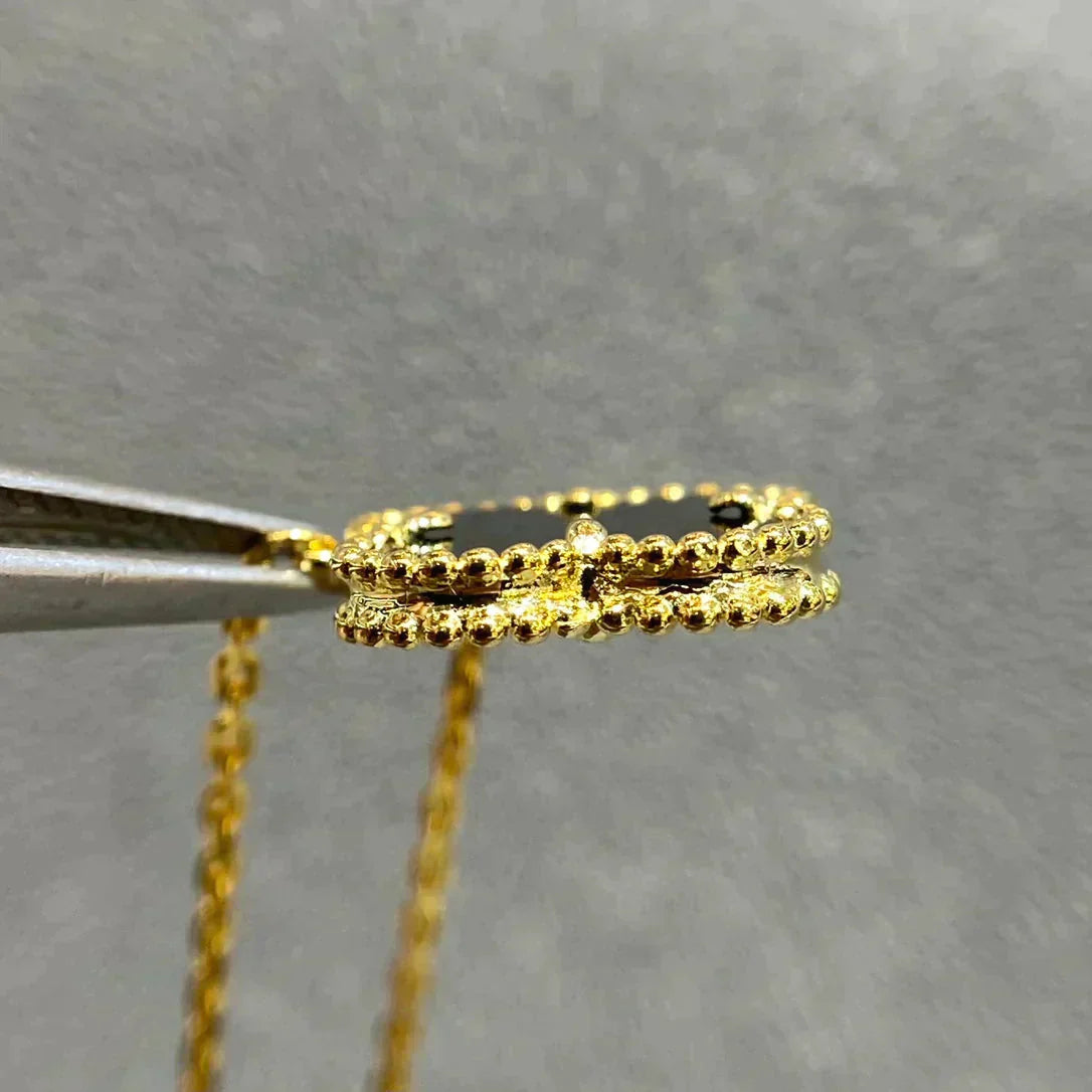 [Pearl Jewelrys]CLOVER 15MM BLACK ONYX SINGLE FLOWER NECKLACE