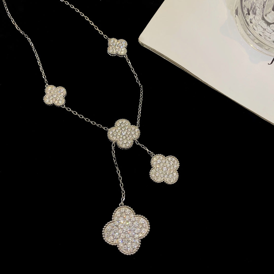 [Pearl Jewelrys]CLOVER 5 MOTIFS SILVER DIAMONDS NECKLACE