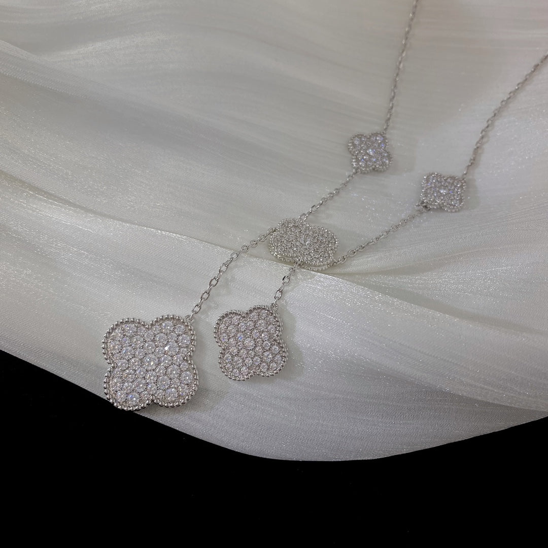[Pearl Jewelrys]CLOVER 5 MOTIFS SILVER DIAMONDS NECKLACE