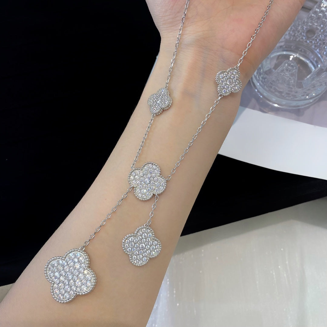[Pearl Jewelrys]CLOVER 5 MOTIFS SILVER DIAMONDS NECKLACE