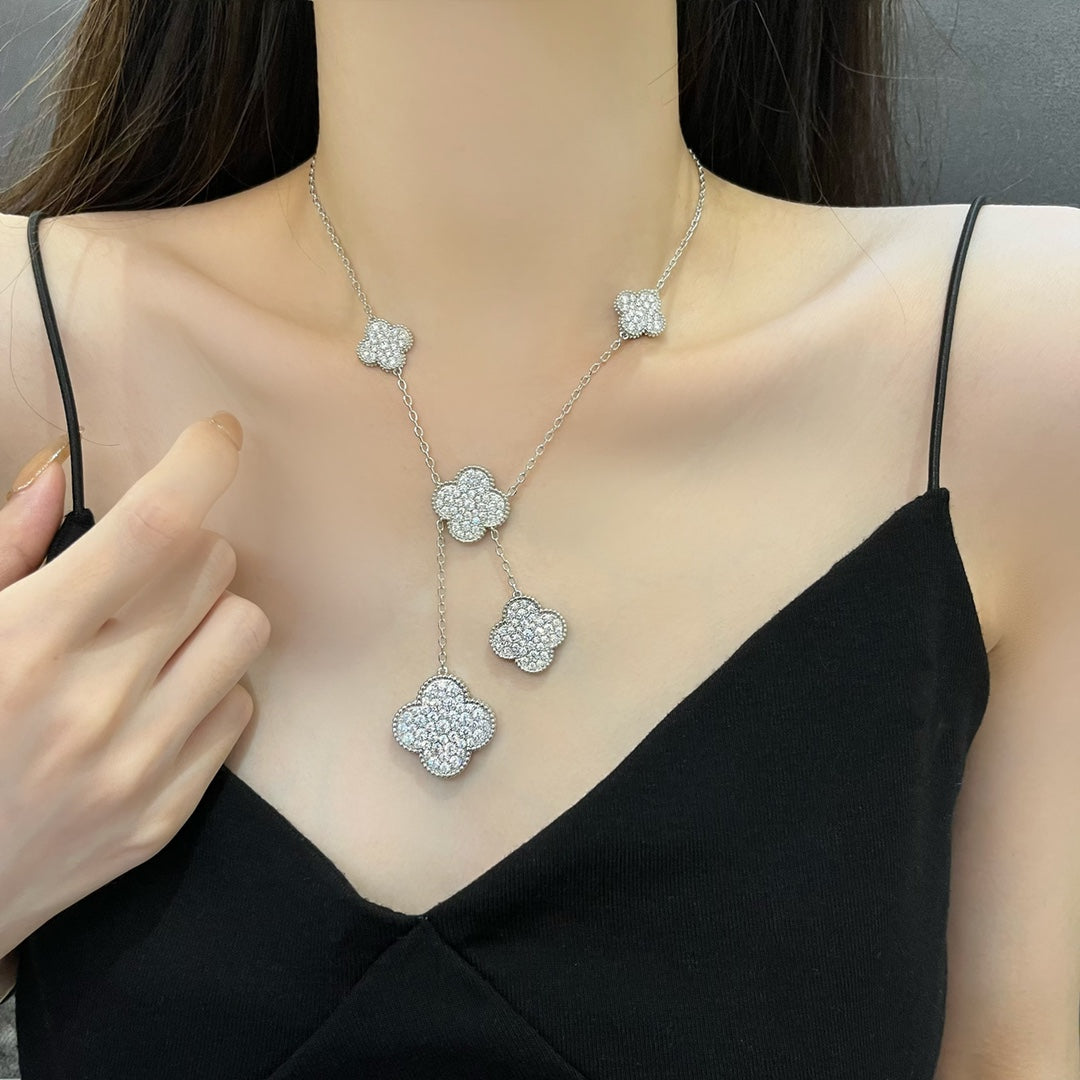 [Pearl Jewelrys]CLOVER 5 MOTIFS SILVER DIAMONDS NECKLACE