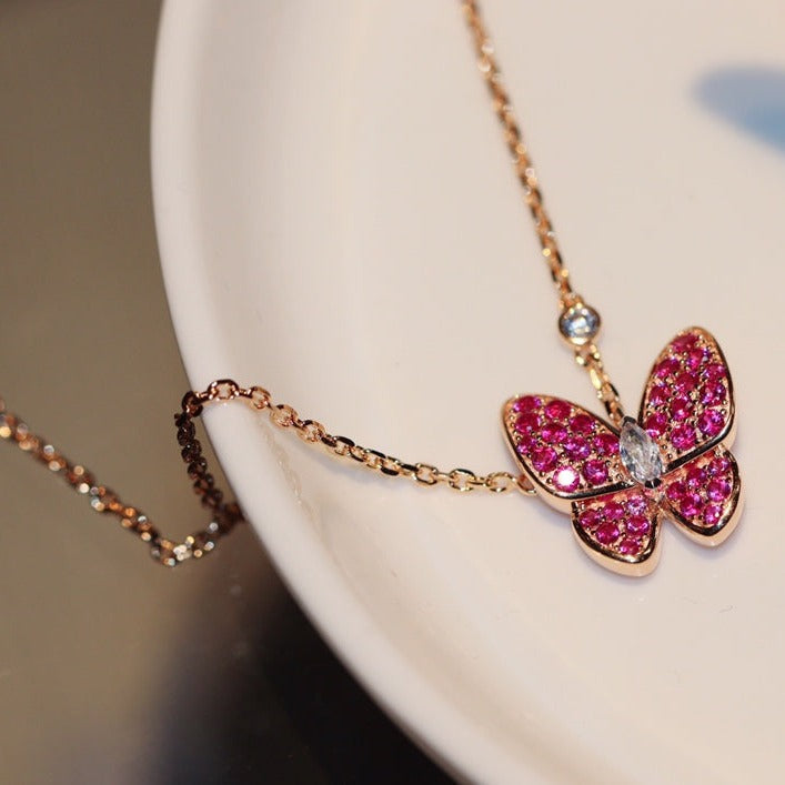 [Pearl Jewelrys]BUTTERFLY RED DIAMOND ROSE GOLD NECKLACE