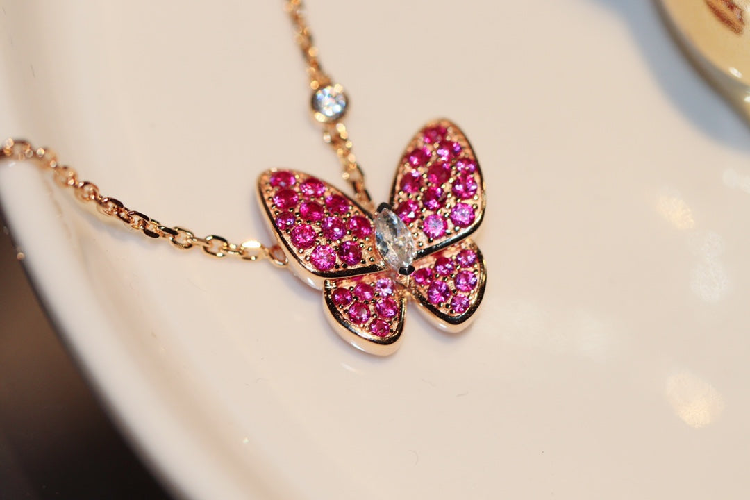 [Pearl Jewelrys]BUTTERFLY RED DIAMOND ROSE GOLD NECKLACE