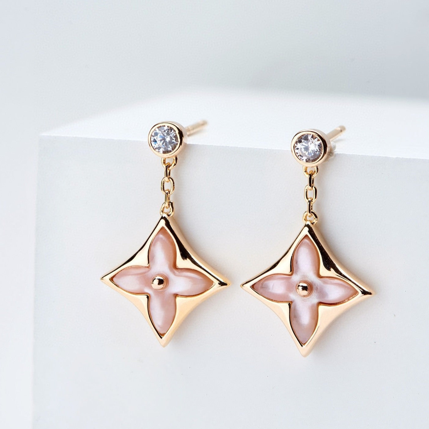 [Pearl Jewelrys]DOUBLE STAR PINK GOLD MOP DROP EARRINGS