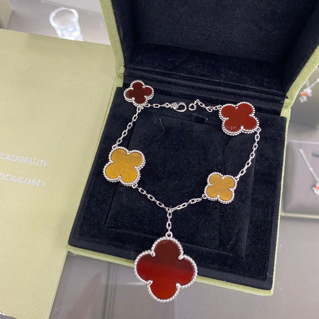 [Pearl Jewelrys]CLOVER 5 MOTIFS SIVLER CARNELIAN TIGER EYE BRACELET