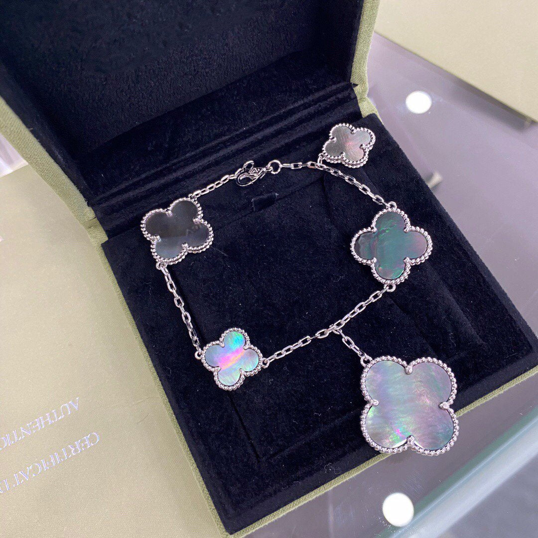 [Pearl Jewelrys]CLOVER 5 MOTIFS SIVLER DARK MOP BRACELET