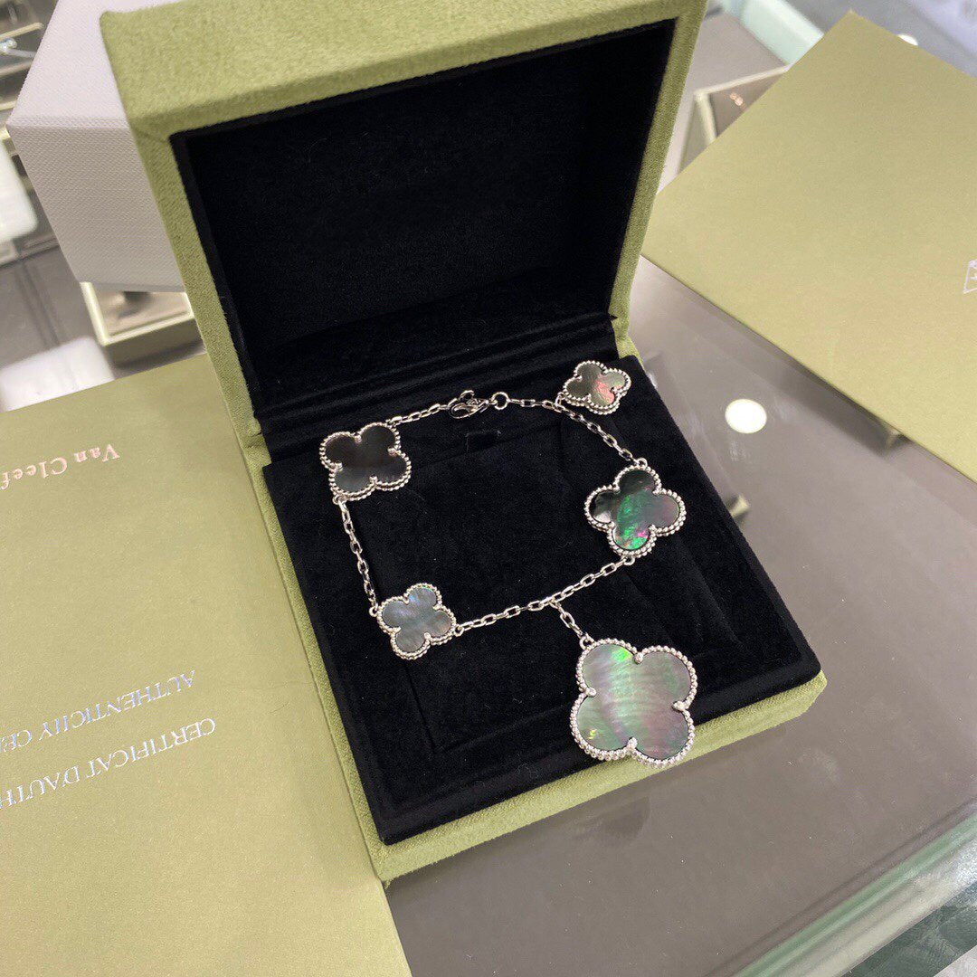 [Pearl Jewelrys]CLOVER 5 MOTIFS SIVLER DARK MOP BRACELET