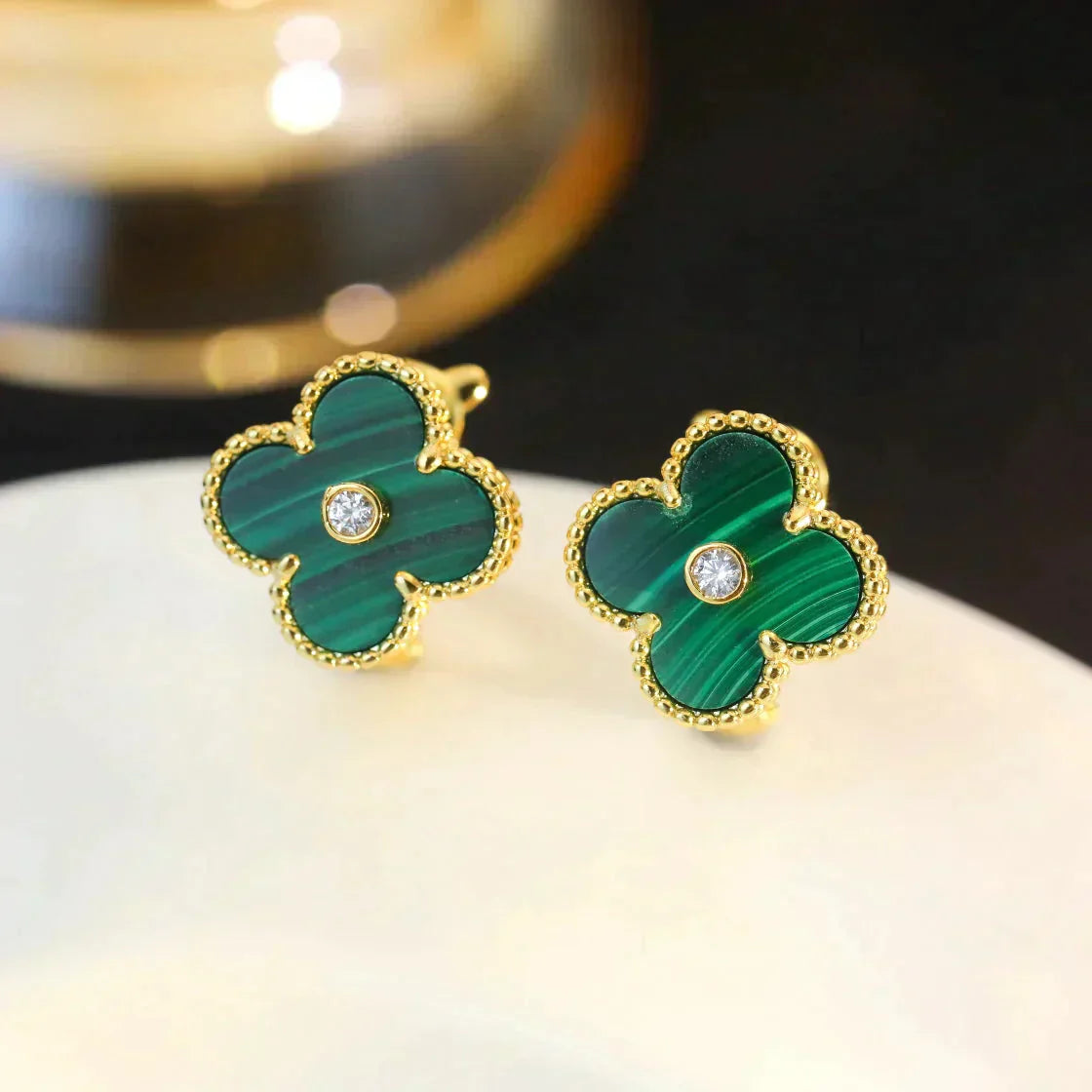 [Pearl Jewelrys]CLOVER MEDIUM 1 MOTIFS MALACHITE DIAMOND EARRINGS