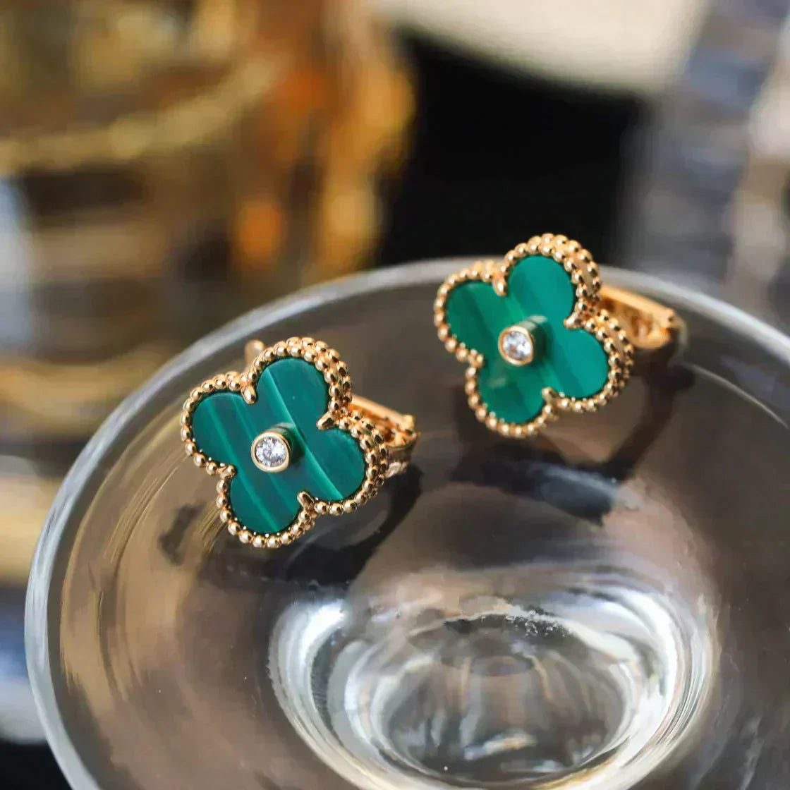 [Pearl Jewelrys]CLOVER MEDIUM 1 MOTIFS MALACHITE DIAMOND EARRINGS