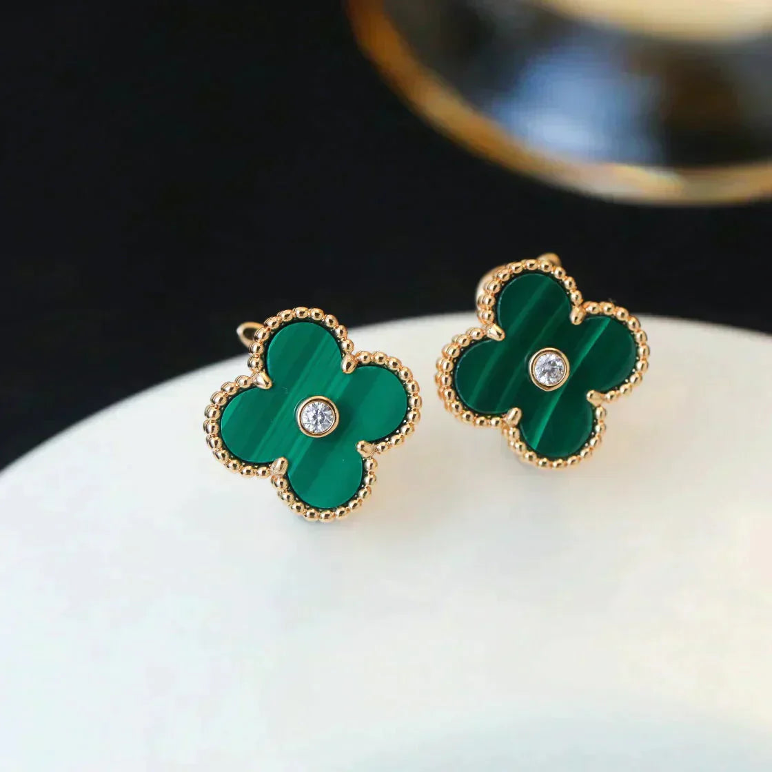 [Pearl Jewelrys]CLOVER MEDIUM 1 MOTIFS MALACHITE DIAMOND EARRINGS