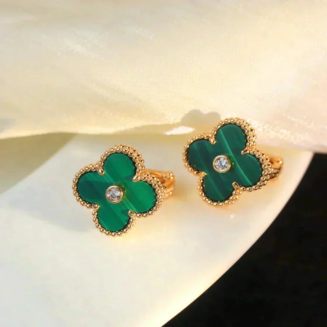 [Pearl Jewelrys]CLOVER MEDIUM 1 MOTIFS MALACHITE DIAMOND EARRINGS