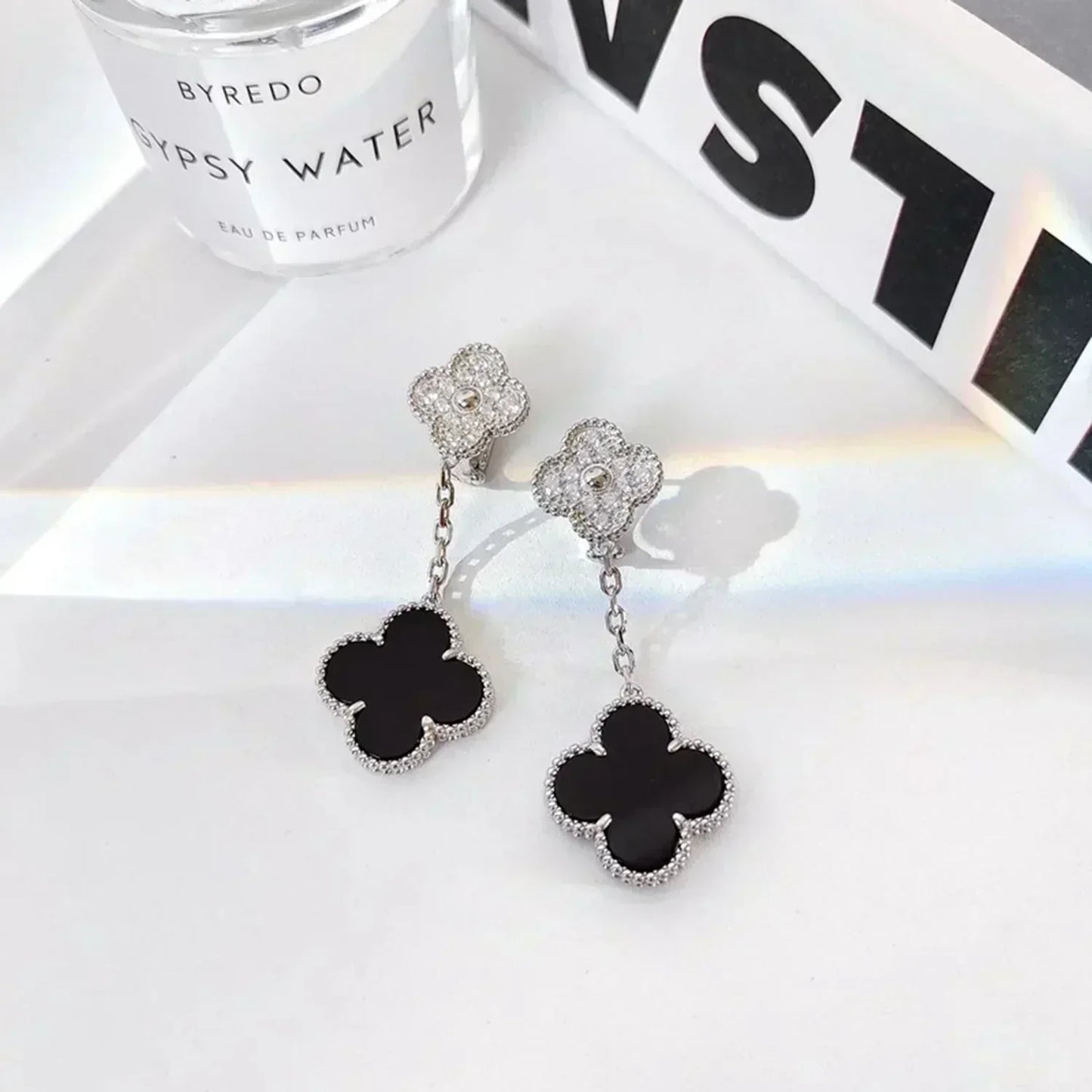 [Pearl Jewelrys]CLOVER 2 MOTIFS  DIAMOND ONYX EARRINGS SILVER