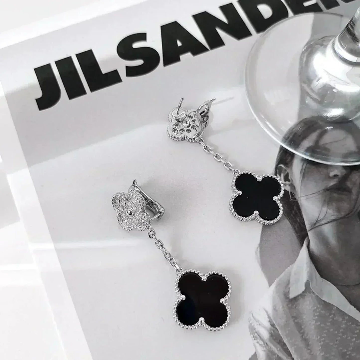 [Pearl Jewelrys]CLOVER 2 MOTIFS  DIAMOND ONYX EARRINGS SILVER