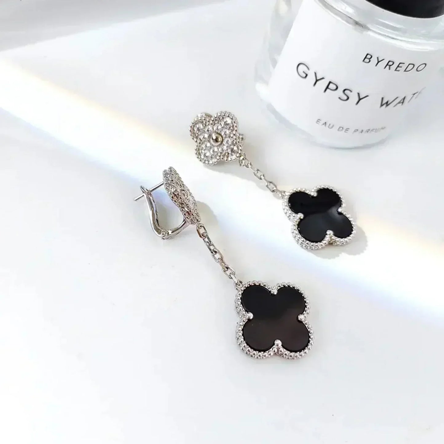 [Pearl Jewelrys]CLOVER 2 MOTIFS  DIAMOND ONYX EARRINGS SILVER