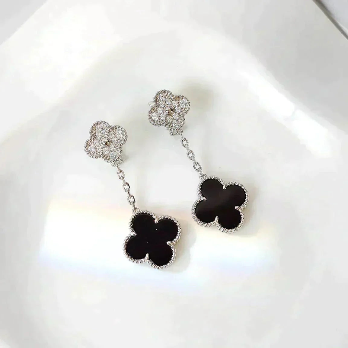 [Pearl Jewelrys]CLOVER 2 MOTIFS  DIAMOND ONYX EARRINGS SILVER