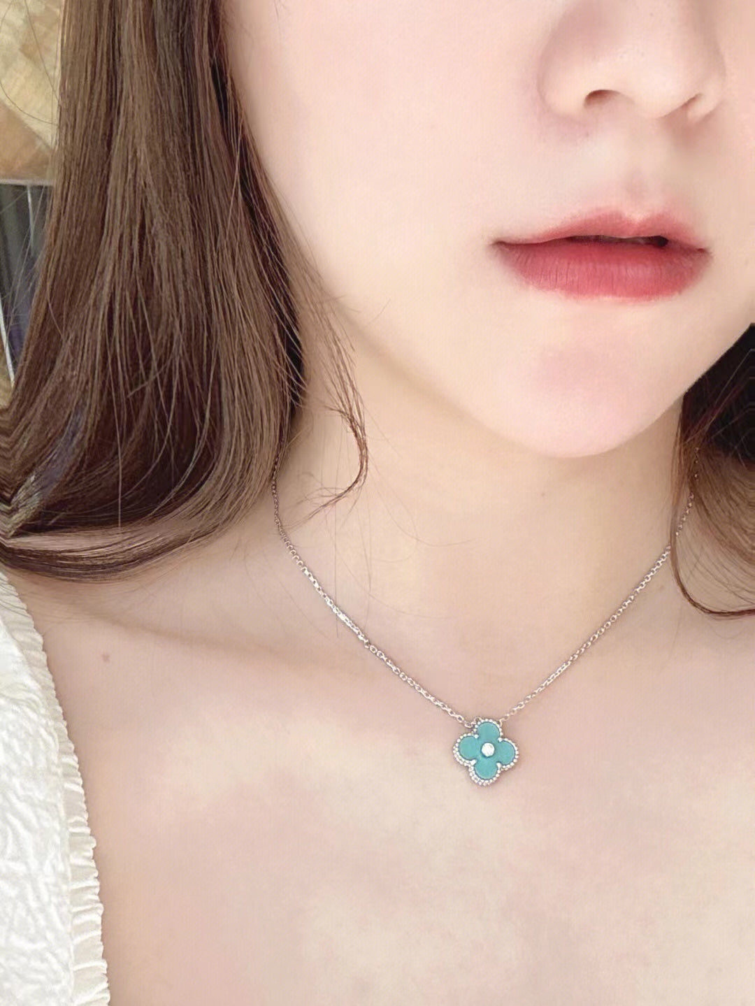 [Pearl Jewelrys]CLOVER 1 DIAMOND LIGHT BLUE SILVER NECKLACE