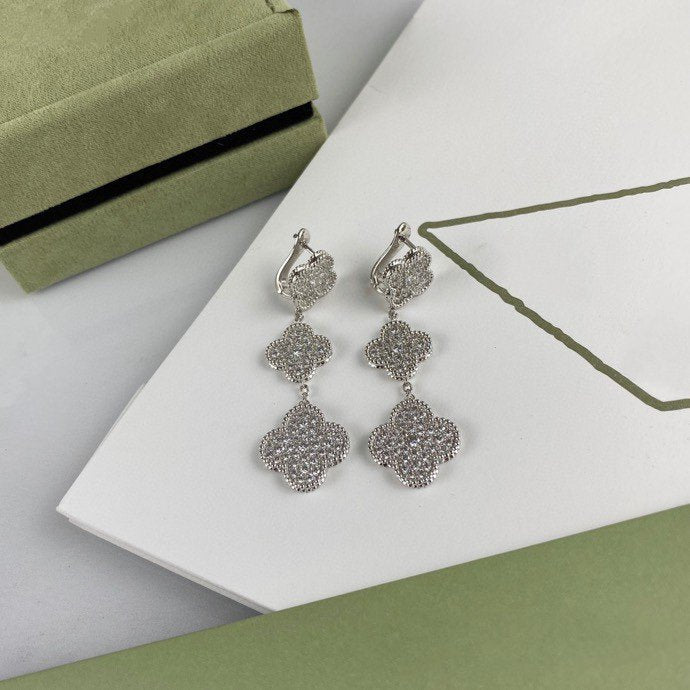 [Pearl Jewelrys]CLOVER 3 MOTIF DIAMOND SILVER DROP EARRINGS