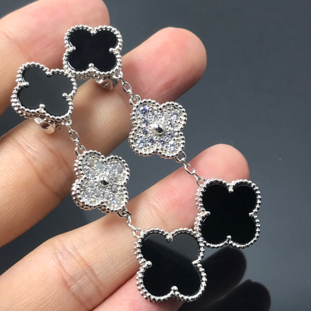 [Pearl Jewelrys]CLOVER 3 MOTIF DIAMOND ONYX SILVER EARRINGS