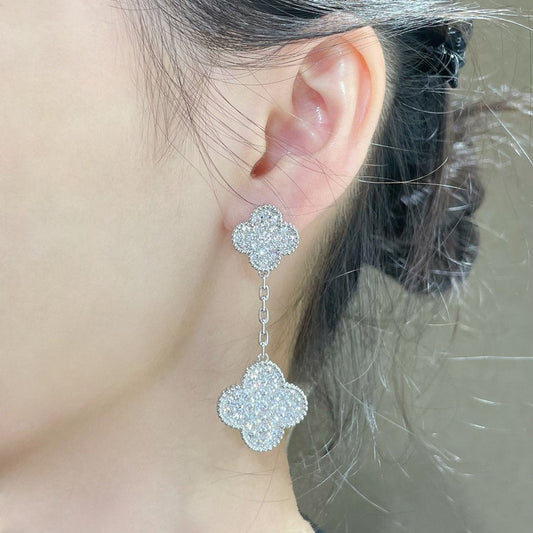 [Pearl Jewelrys]CLOVER 2 MOTIFS DIAMOND PAVED SILVER EARRINGS