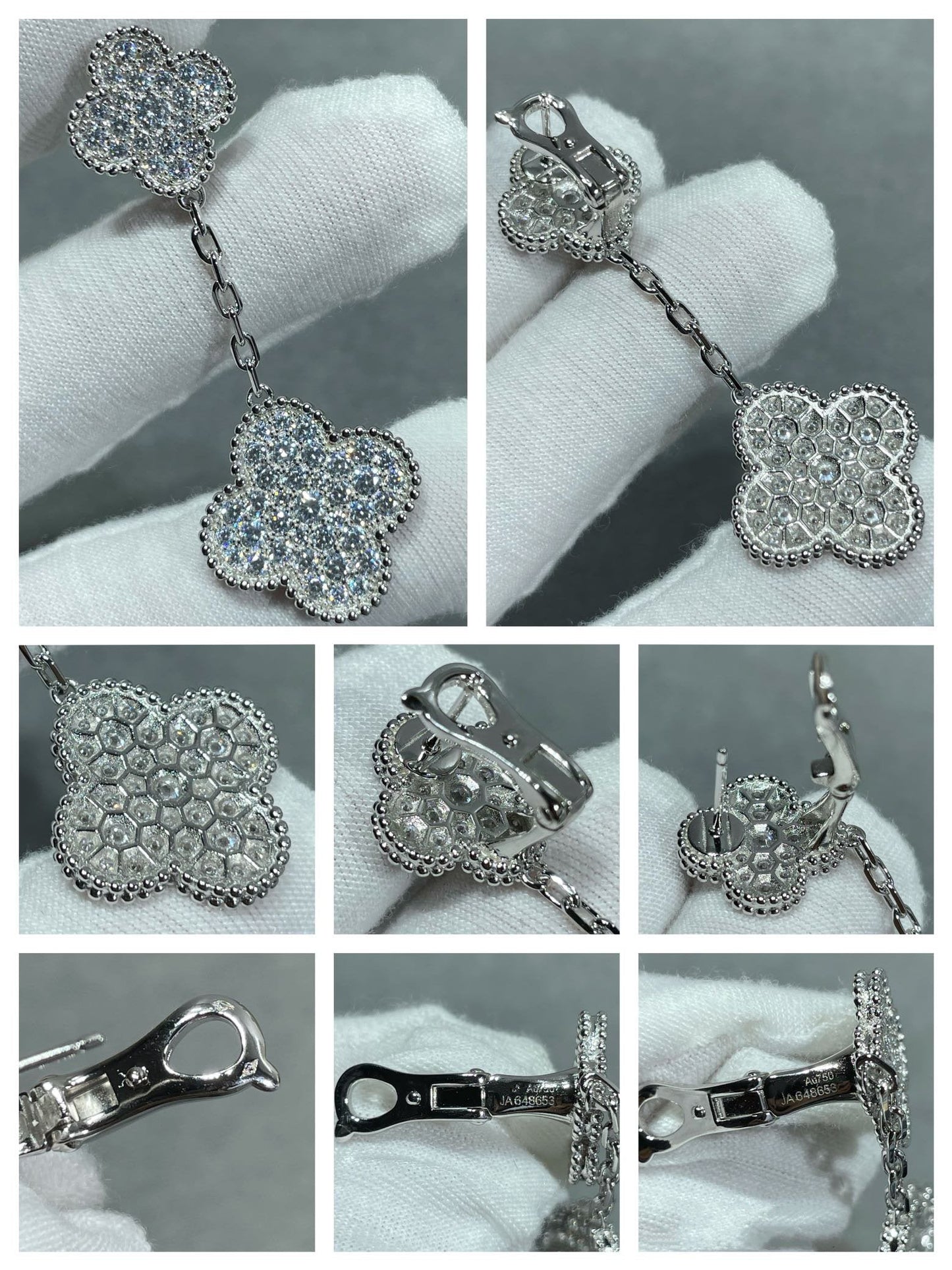 [Pearl Jewelrys]CLOVER 2 MOTIFS DIAMOND PAVED SILVER EARRINGS