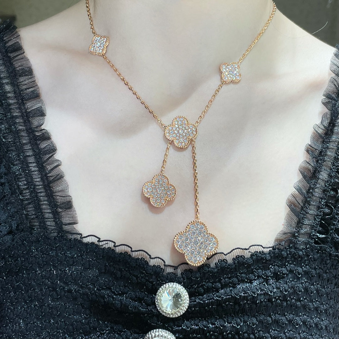 [Pearl Jewelrys]CLOVER 6 MOTIF DIAMOND PAVED NECKLACE