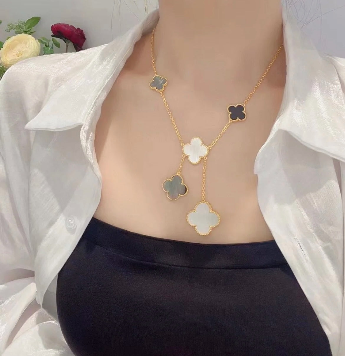 [Pearl Jewelrys]CLOVER 6 MOTIF MOP ONYX GOLD NECKLACE