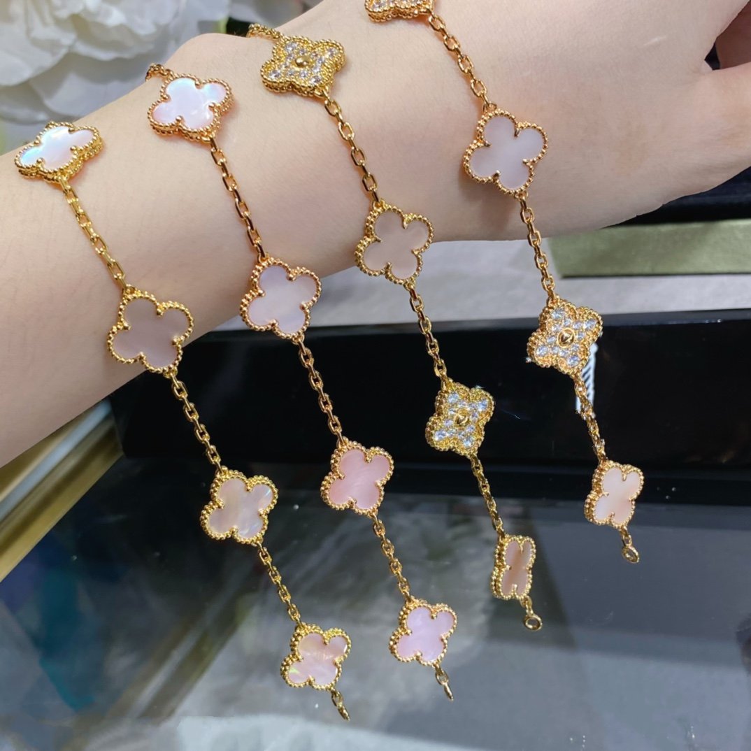 [Pearl Jewelrys]CLOVER 5 MOTIF DIAMOND PINK MOP PINK GOLD BRACELET