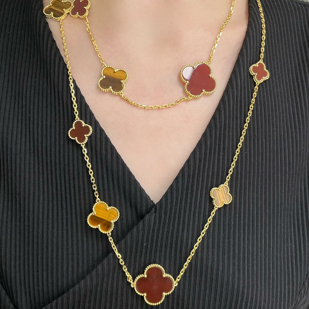 [Pearl Jewelrys]CLOVER 16 MOTIF CARNELIAN TIGER EYE ROSE GOLD NECKLACE