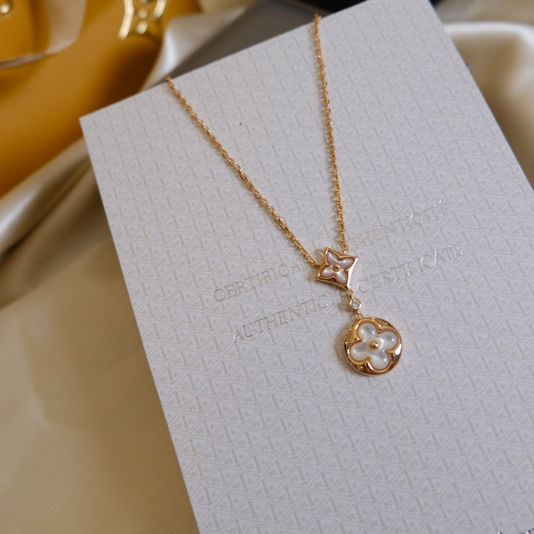 [Pearl Jewelrys]STAR AND SUN WHITE MOP 2 MOTIF PINK GOLD NECKLACE