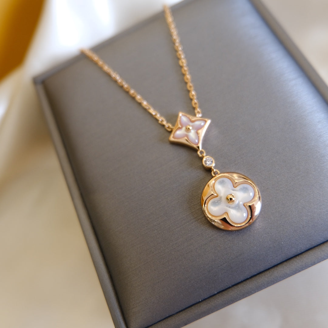 [Pearl Jewelrys]STAR AND SUN WHITE MOP 2 MOTIF PINK GOLD NECKLACE