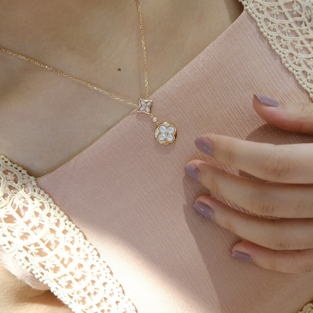 [Pearl Jewelrys]STAR AND SUN WHITE MOP 2 MOTIF PINK GOLD NECKLACE
