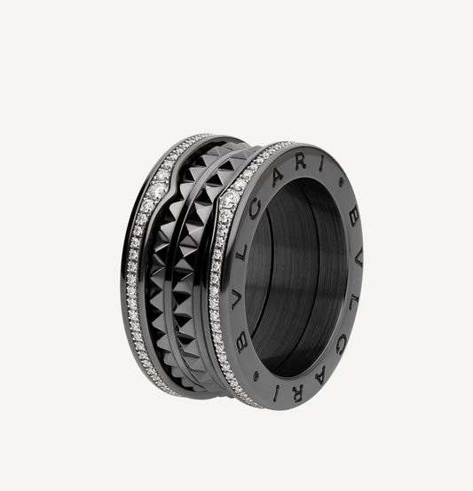[Pearl Jewelrys]ZERO 1 ROCK FOUR-BAND BLACK CERAMIC WITH STUDDED SPIRAL AND PAVED DIAMONDS RING