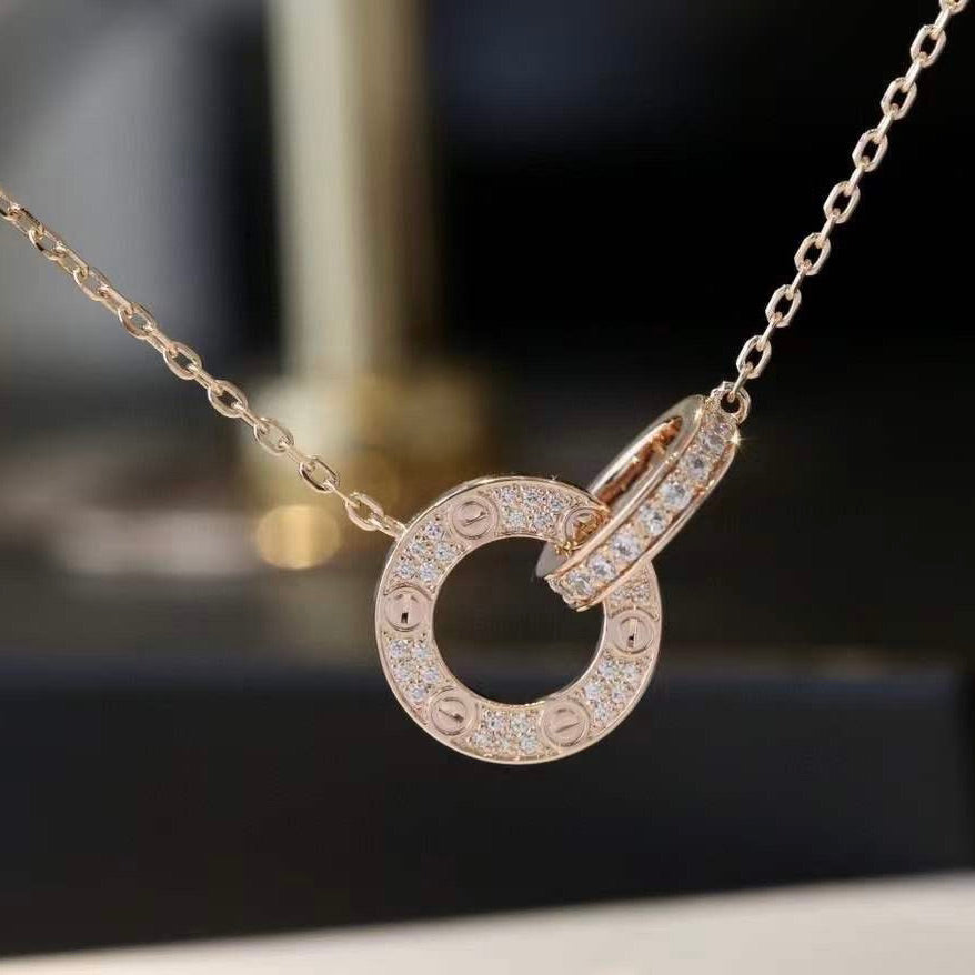[Pearl Jewelrys]LOVE 7.6MM NECKLACE ROSE GOLD AND SILVER  FULL DIAMOND