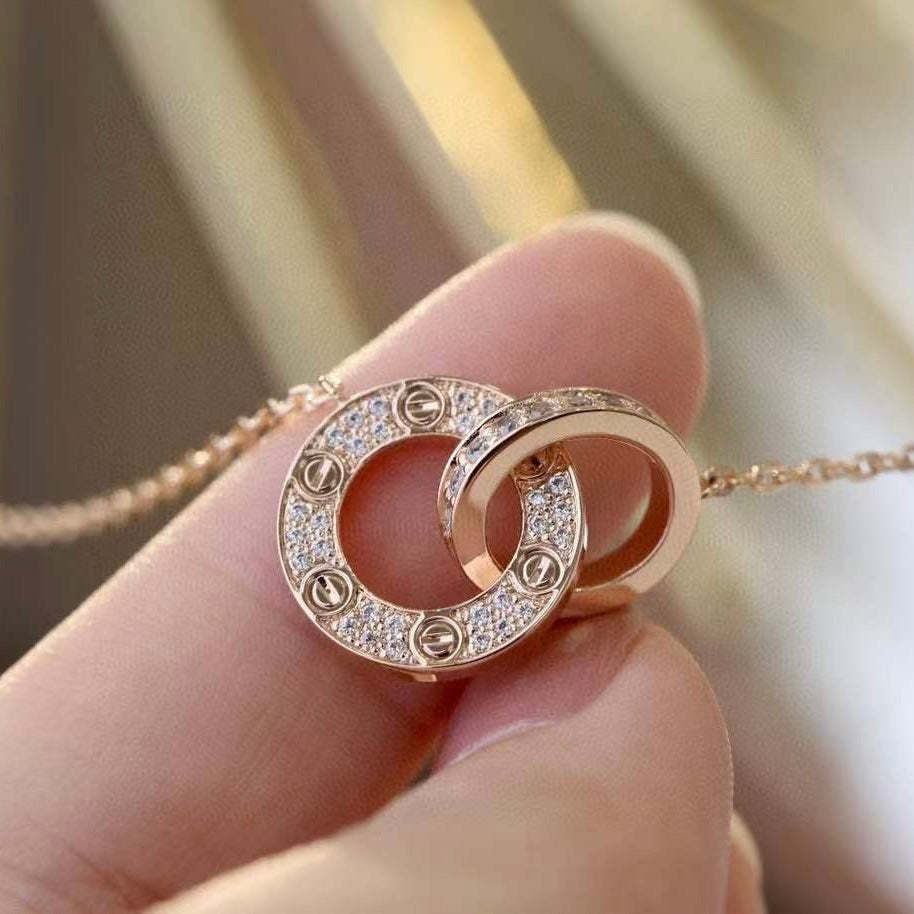 [Pearl Jewelrys]LOVE 7.6MM NECKLACE ROSE GOLD AND SILVER  FULL DIAMOND