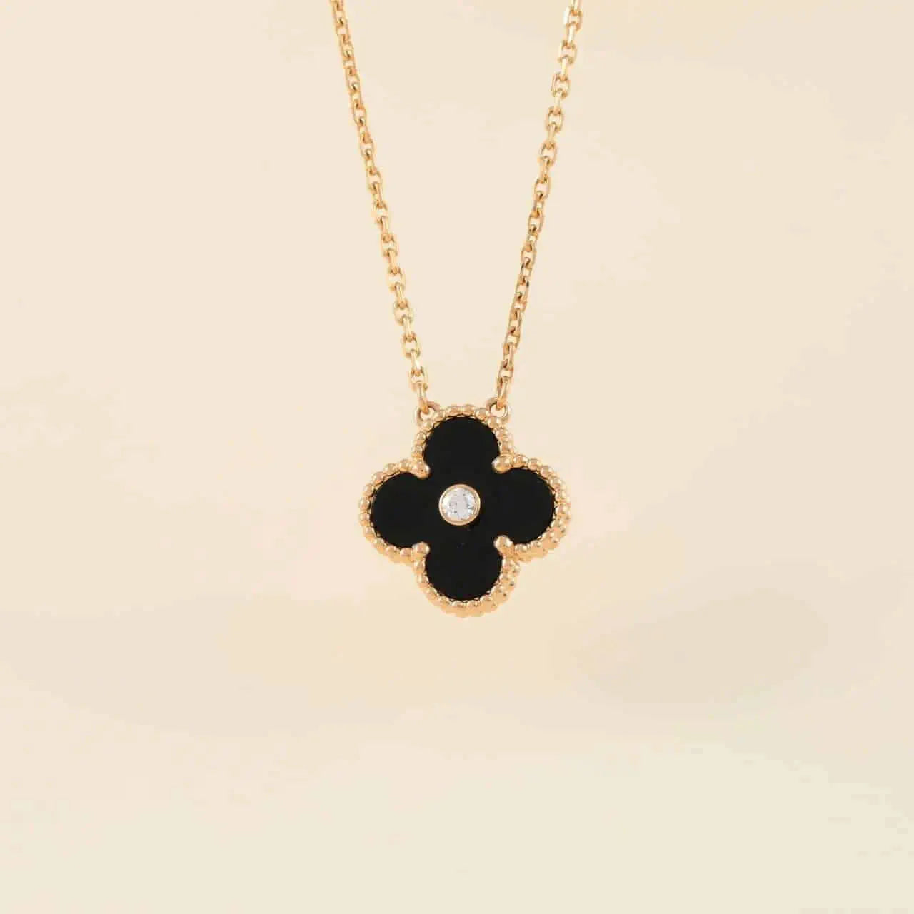 [Pearl Jewelrys]CLOVER 15MM DIAMOND ONYX NECKLACE