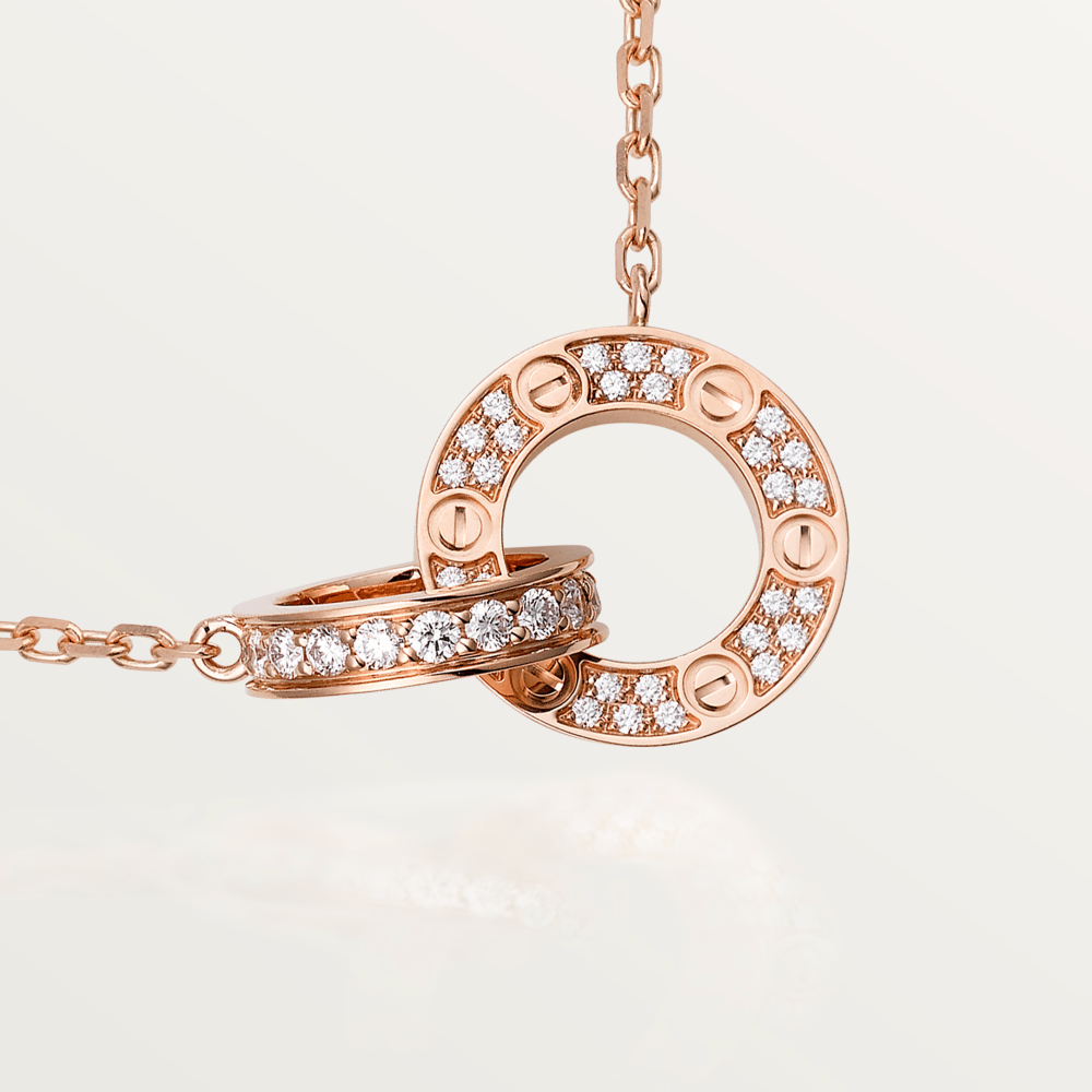 [Pearl Jewelrys]LOVE 7.6MM NECKLACE ROSE GOLD AND SILVER  FULL DIAMOND
