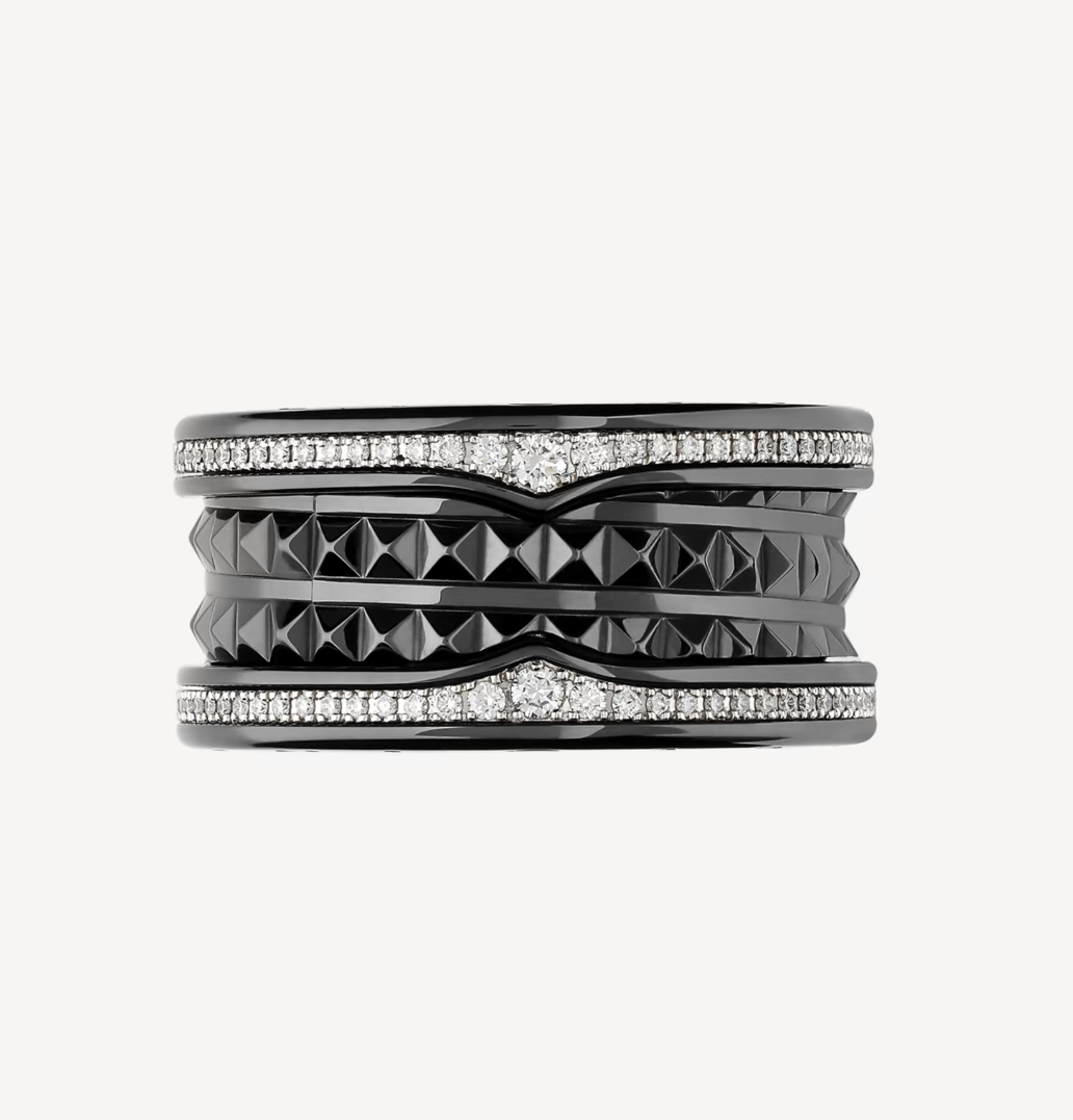 [Pearl Jewelrys]ZERO 1 ROCK FOUR-BAND BLACK CERAMIC WITH STUDDED SPIRAL AND PAVED DIAMONDS RING
