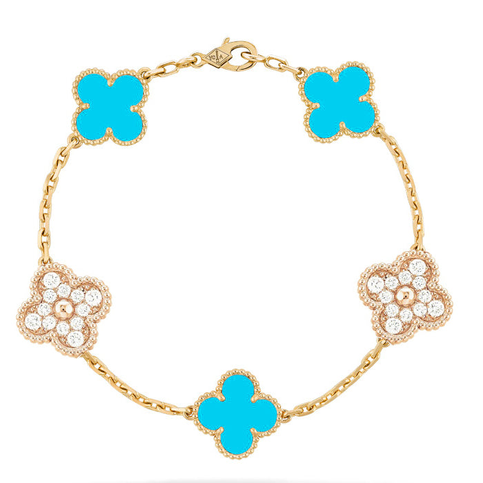 [Pearl Jewelrys]CLOVER 5 MOTIF TURQUOISE DIAMOND GOLD BRACELET
